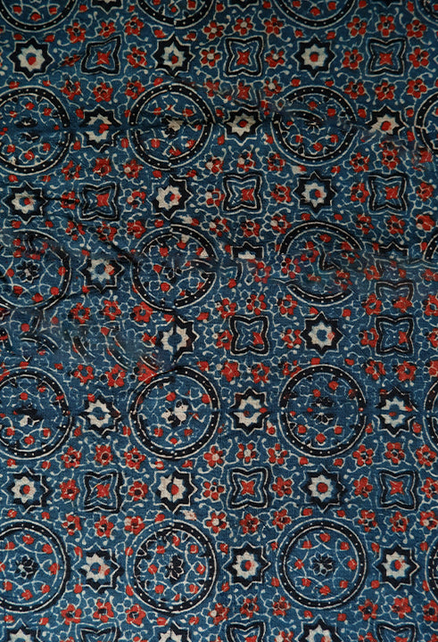 Red Floral Motifs Handblock Blue Ajrakh Running Fabric