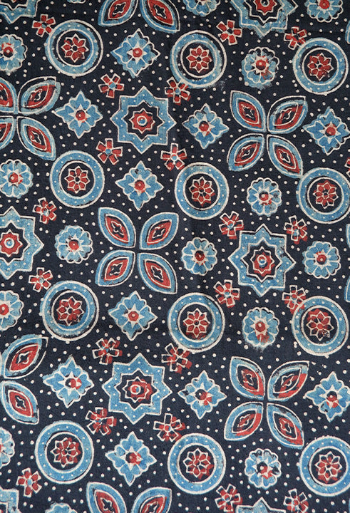 Black and Red Floral Motifs Handblock Black Ajrakh Running Fabric