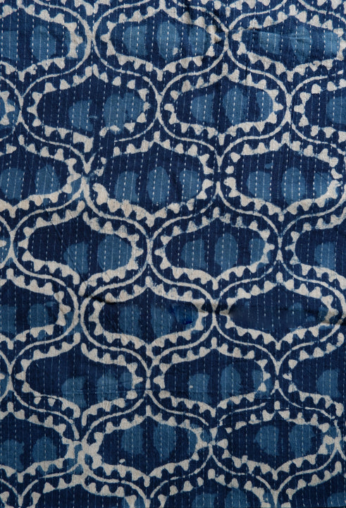 Handblock Indigo with Floral Pattern Running Fabric