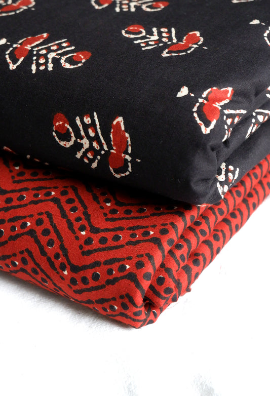 Black and Red Handblock Cotton Fabric [Set: 3m Top & 2.5m Bottom]