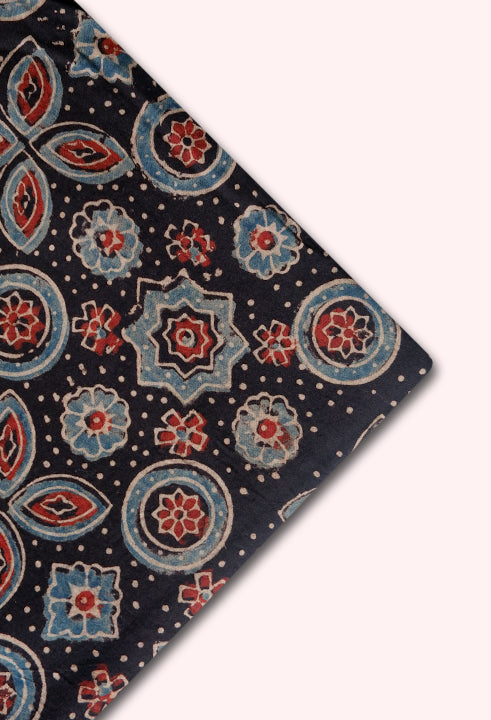 Black and Red Floral Motifs Handblock Black Ajrakh Running Fabric