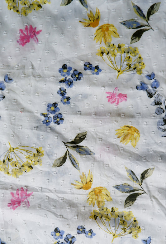 White Embroidered Floral Pattern Cotton Running Fabric