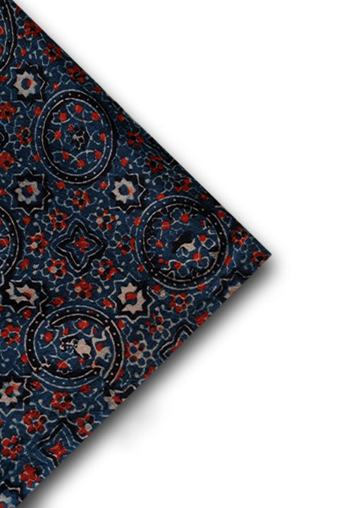 Red Floral Motifs Handblock Blue Ajrakh Running Fabric