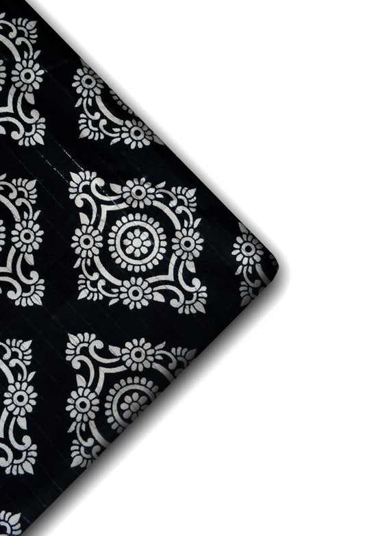 White Floral Pattern Black Fabric with Silver Interwoven Thread