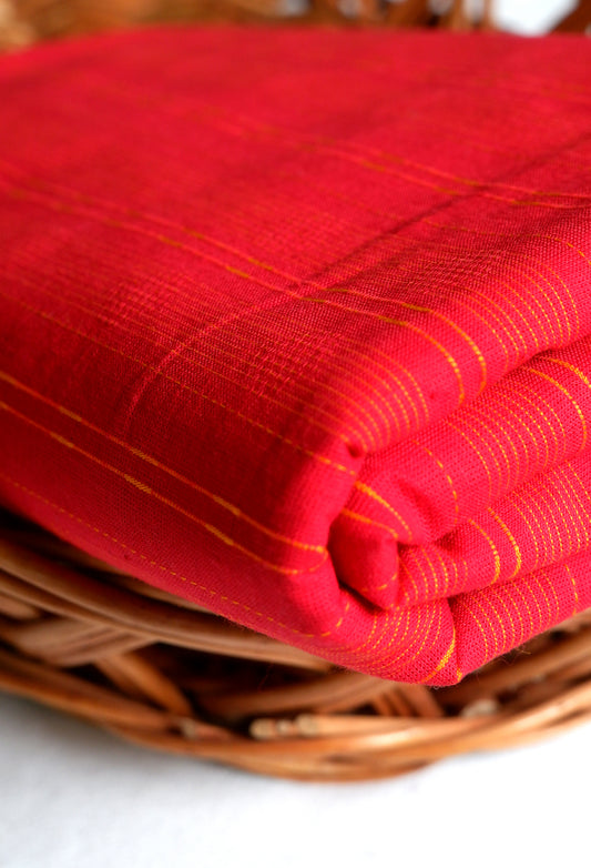 Handloom Red with Yellow Interwoven Threads Running Fabric